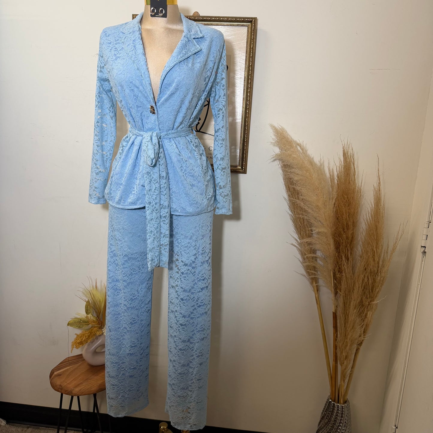 Lace blazer Pant Set -Baby Blue