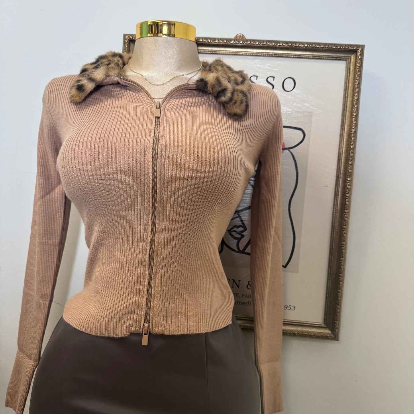 Leopard Fur Collard Double zip-Camel