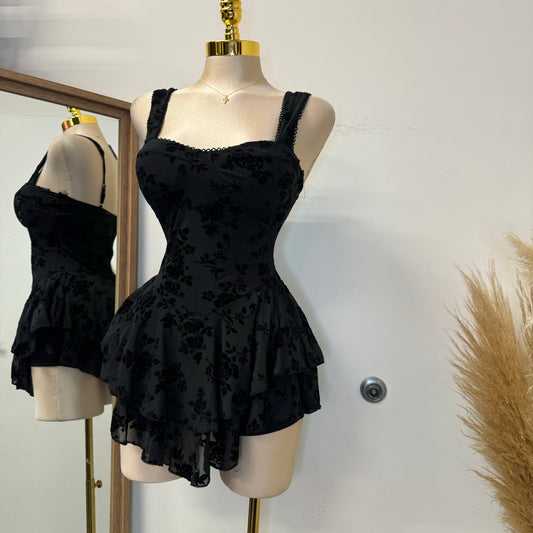 Floral Lace Trim Dress-Black/Black