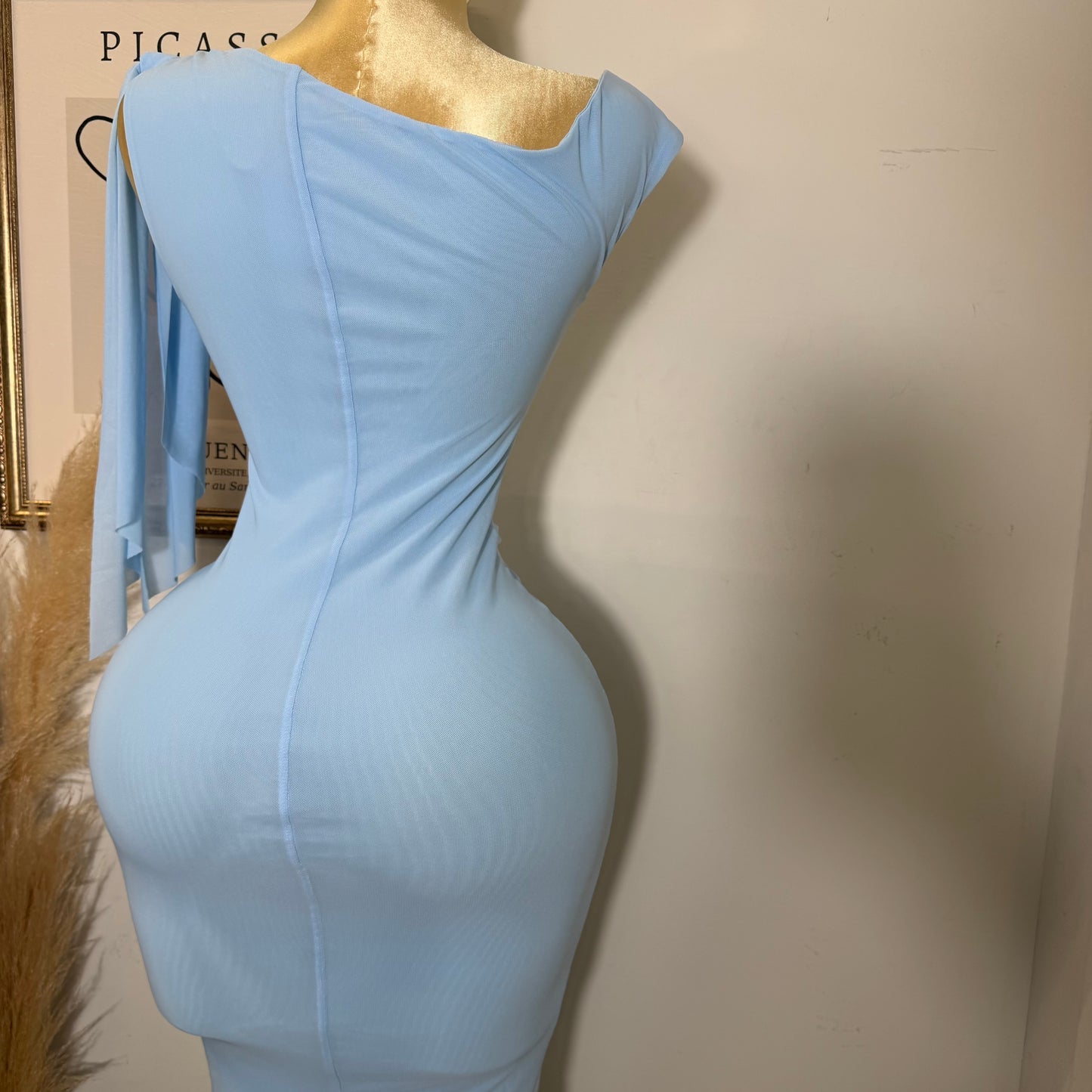 One shoulder Tie Midi Dress-Light  Blue