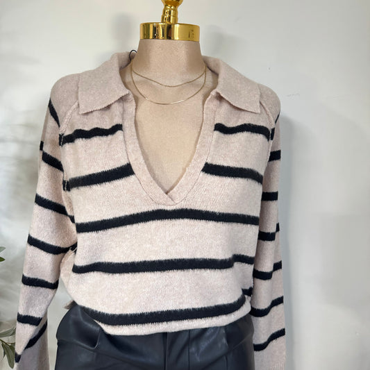 V-Neck Stripes Polo Sweater- Beige