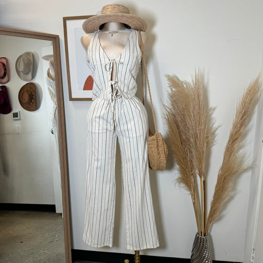 Knot Linen Pant Set-White and Black Stripes