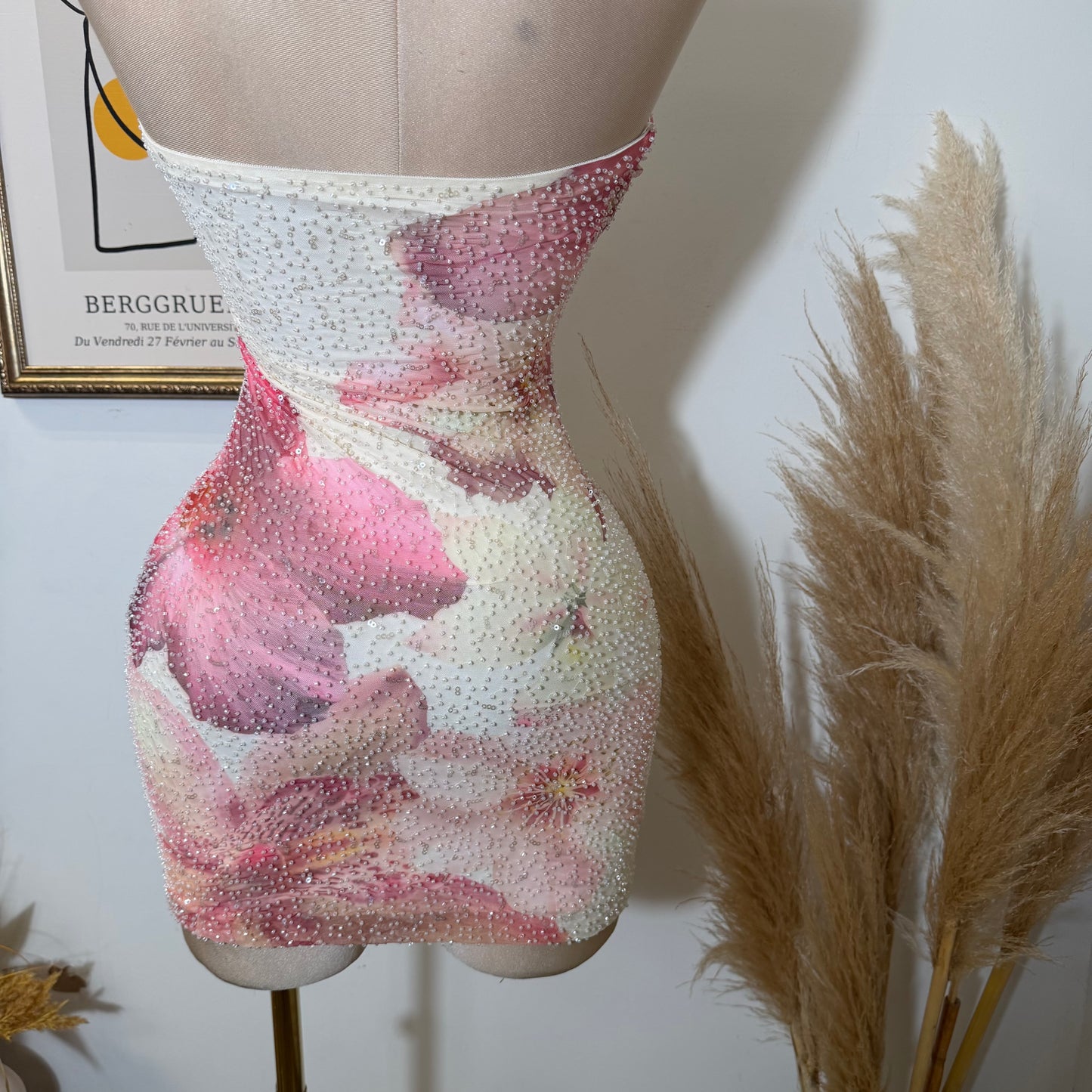 Tropicana Big flower Print Mesh W/ Beads Tube Mini Dress-Cream/Pink