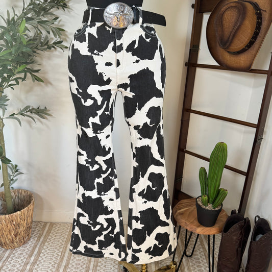 Cow Print Flare Pants-Cow Print