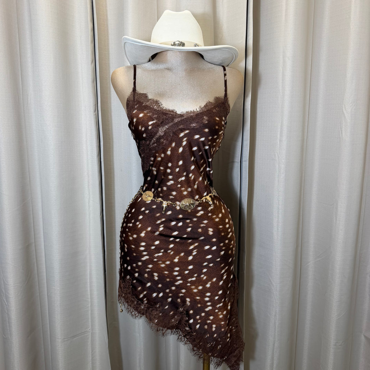 Bambi Print Asymmetrical Satin Lace detail dress-Print/brown