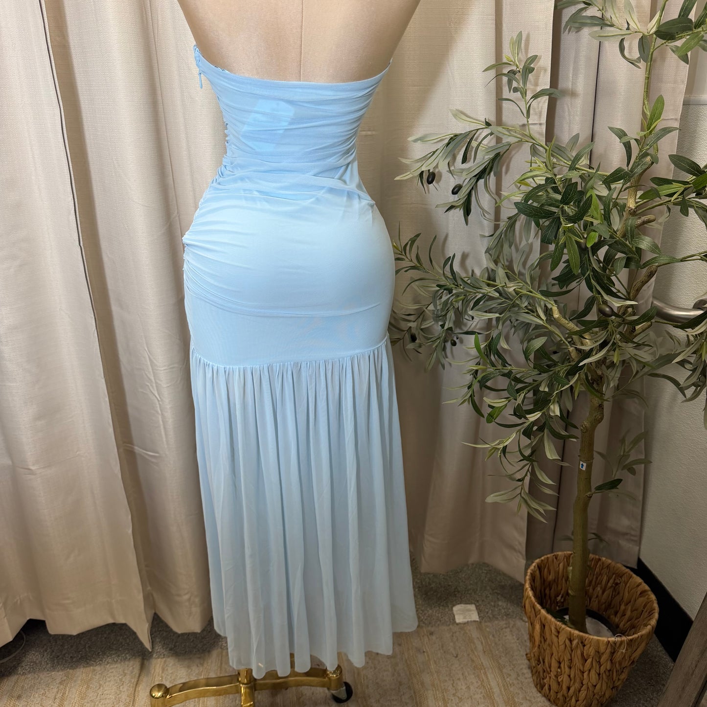 STRAPLESS RUCHED BODICE DROP WAIST MAXI DRESS-Baby Blue