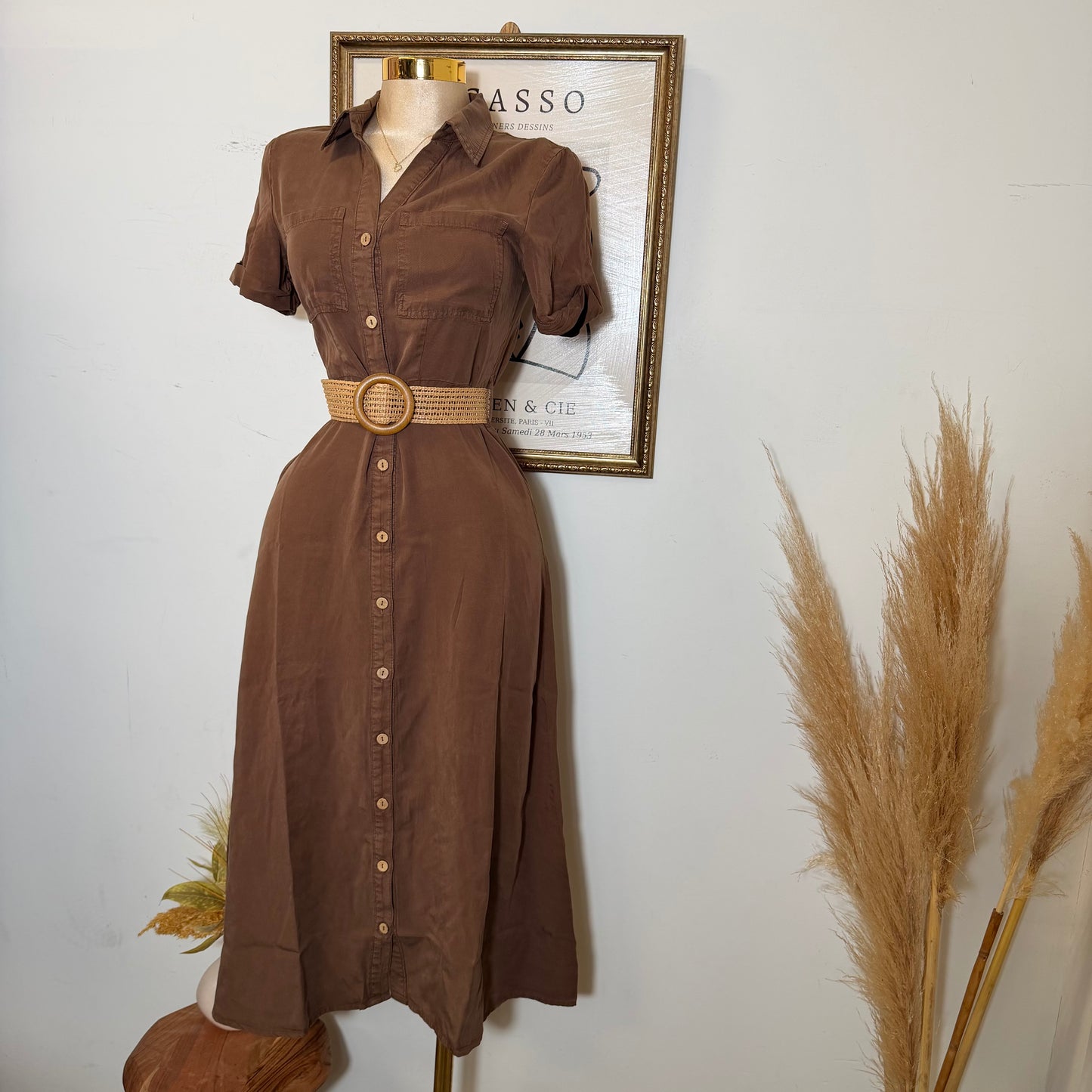 Short Sleeve Belted Dress-Brown