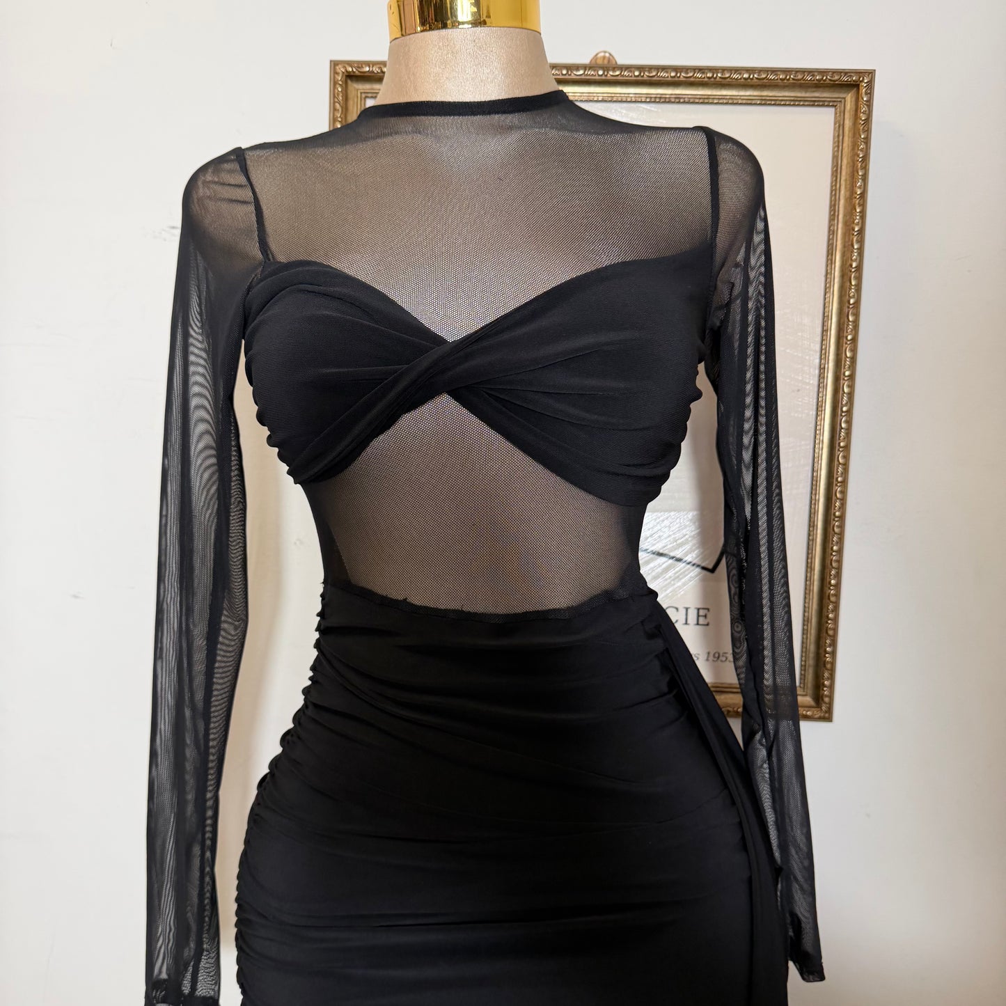 Solid Fabric with Mesh Match Mini Dress-Black