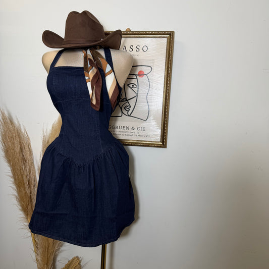 Halter Denim Flare Dress-Indigo
