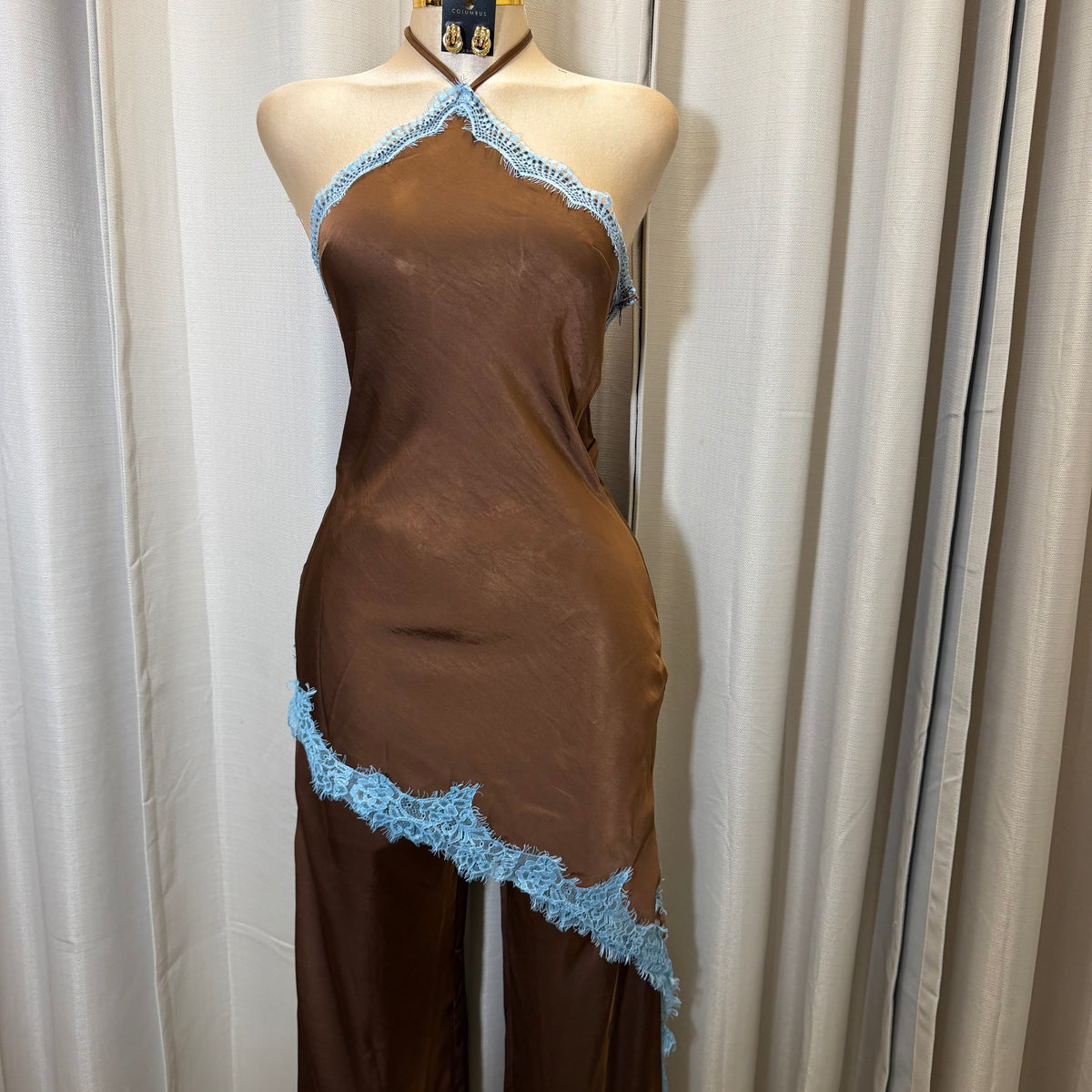 Contrast Lace Trim Satin Halter Jumpsuit-Brown/Blue