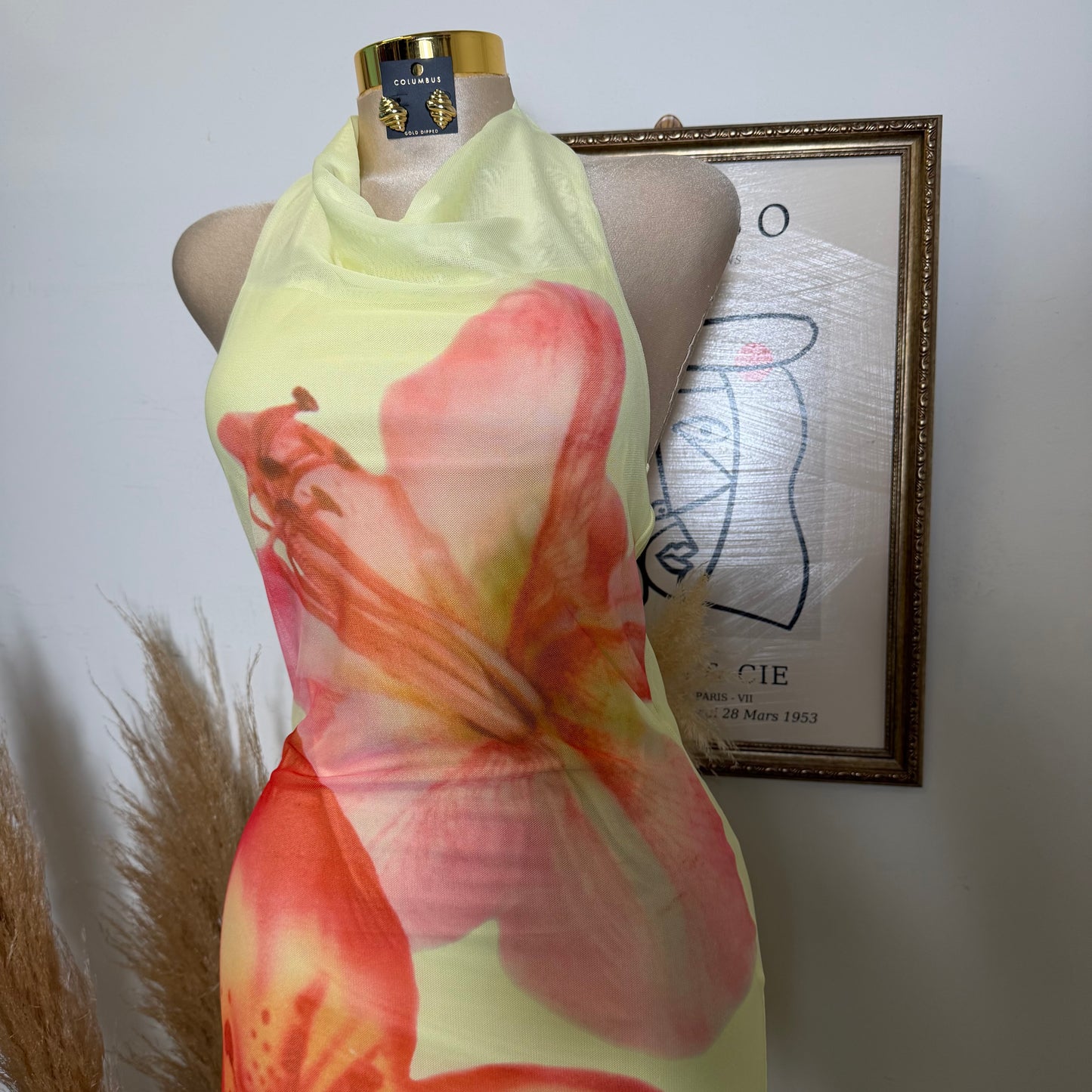 Mesh Tropical Floral Print Halter Neck Button Tie Midi Dress-Yellow