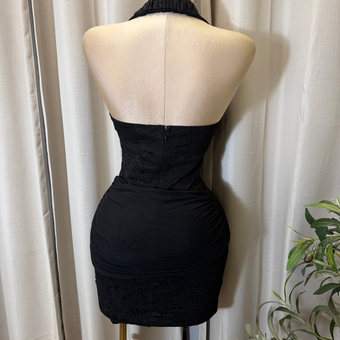 Halter Lace Gold Detail Mini Dress-Black