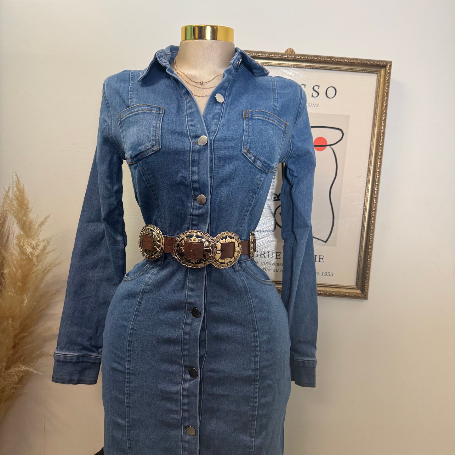 Denim Button Long Dress-Medium Wash