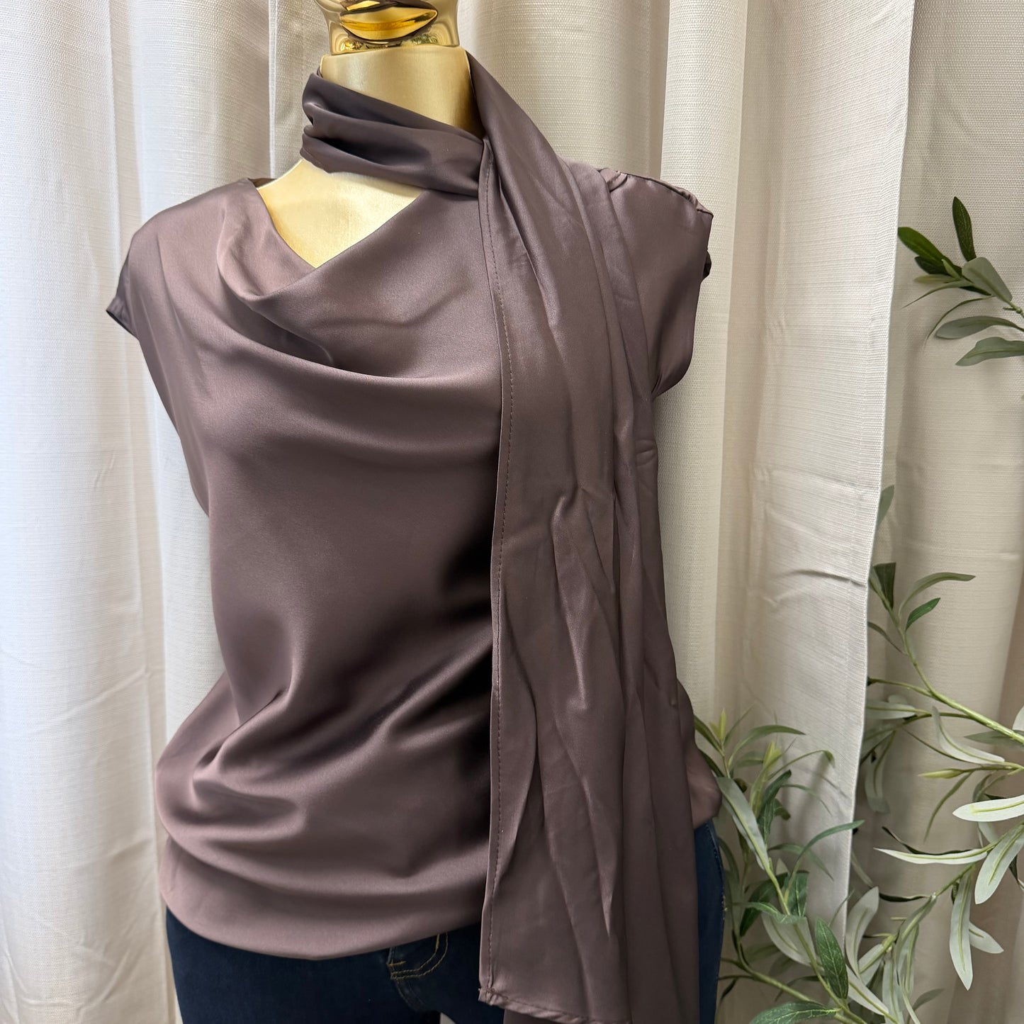 Satin Blouse with scarf -Brown