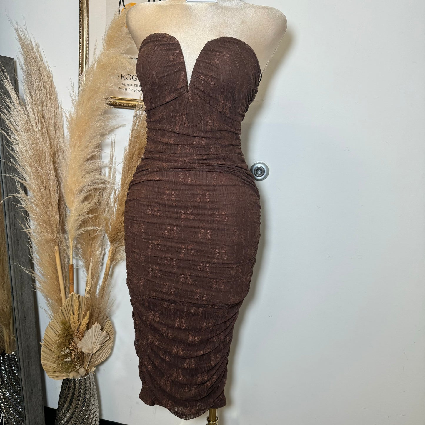 Sweetheart Shape Lace Dress-Brown