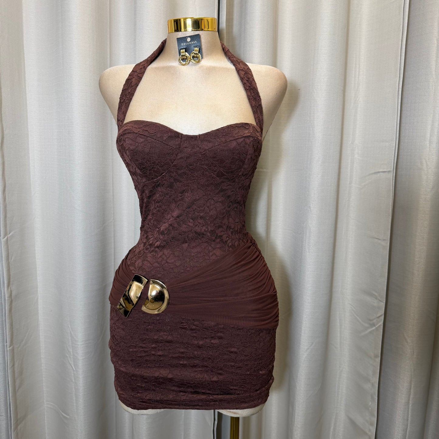 Halter Lace Gold Detail Mini Dress-Brown