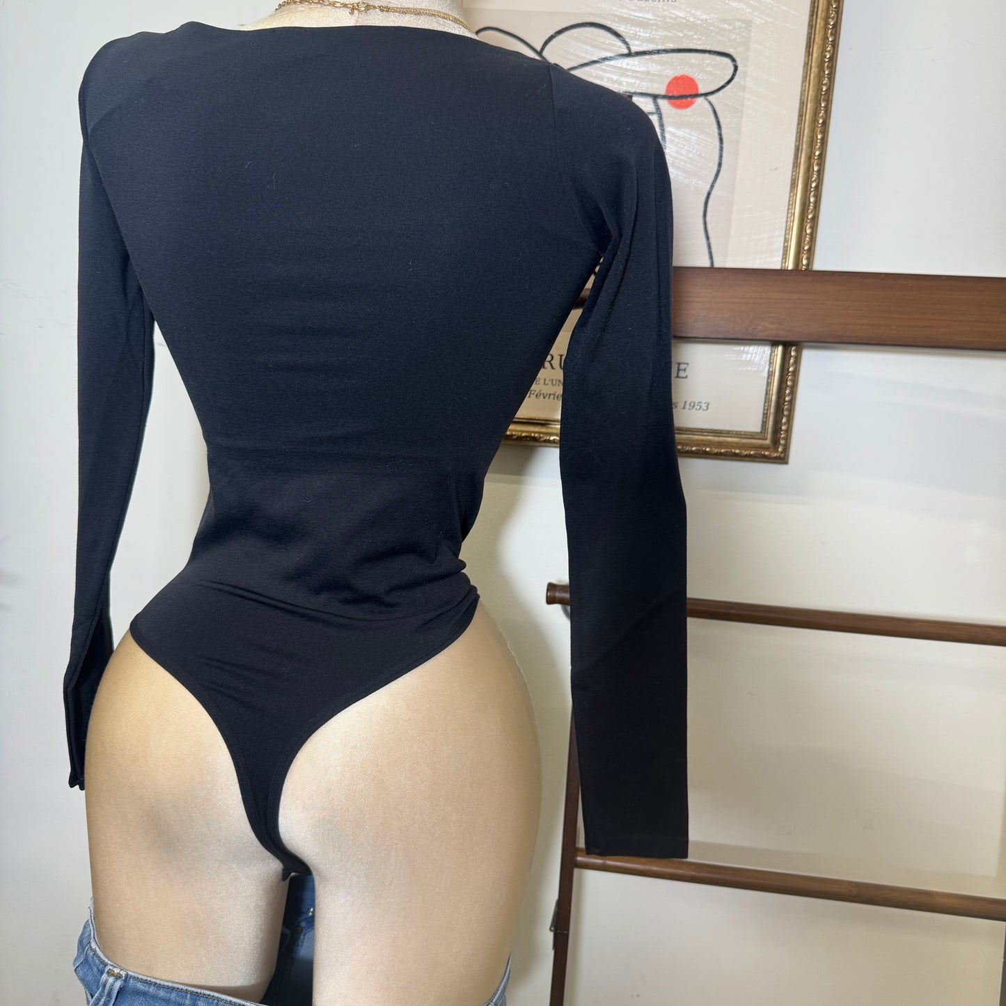 Square Neck Long Sleeveless Bodysuit-Black