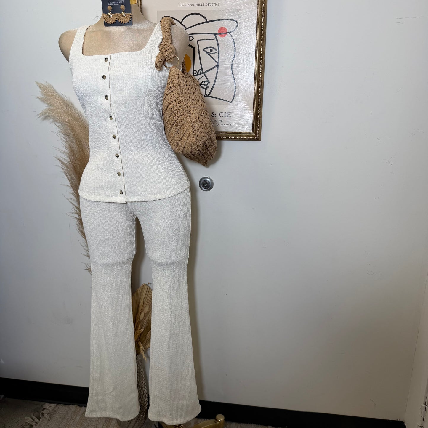 Square neck Vest & Flare Pant set-Ivory
