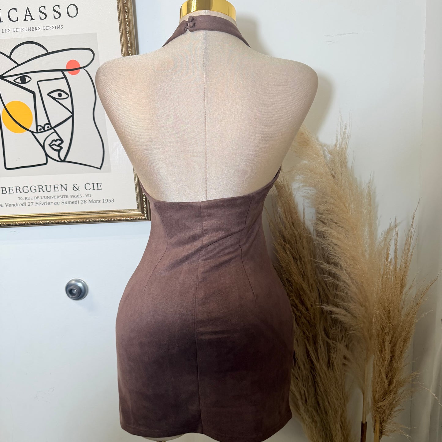 Halter Neck Suede Mini Dress-Brown