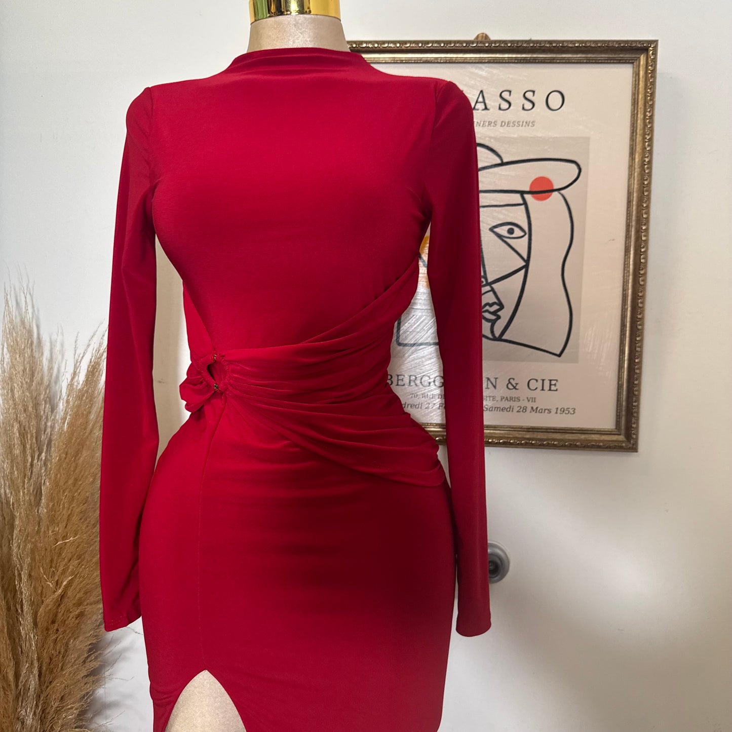 Long Sleeve Open Slit Dress-Red