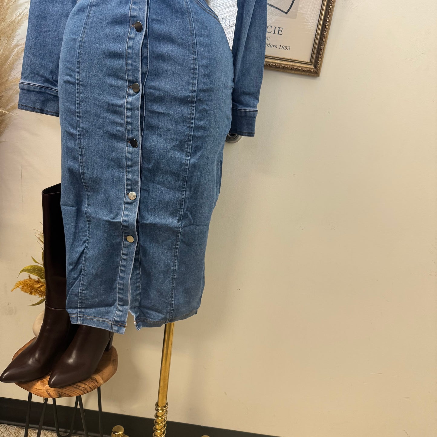 Denim Button Long Dress-Medium Wash