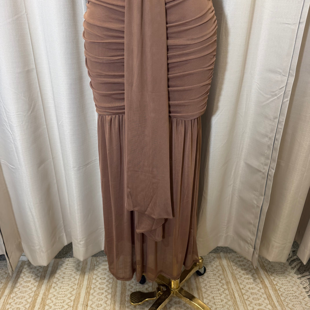 Short Sleeve Solid Mesh  Maxi Dress-Brown