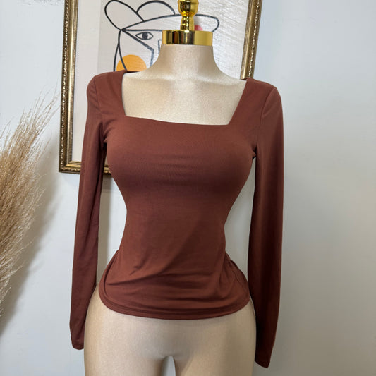 Square Neck Long Sleeve Double Layered Top-Brown
