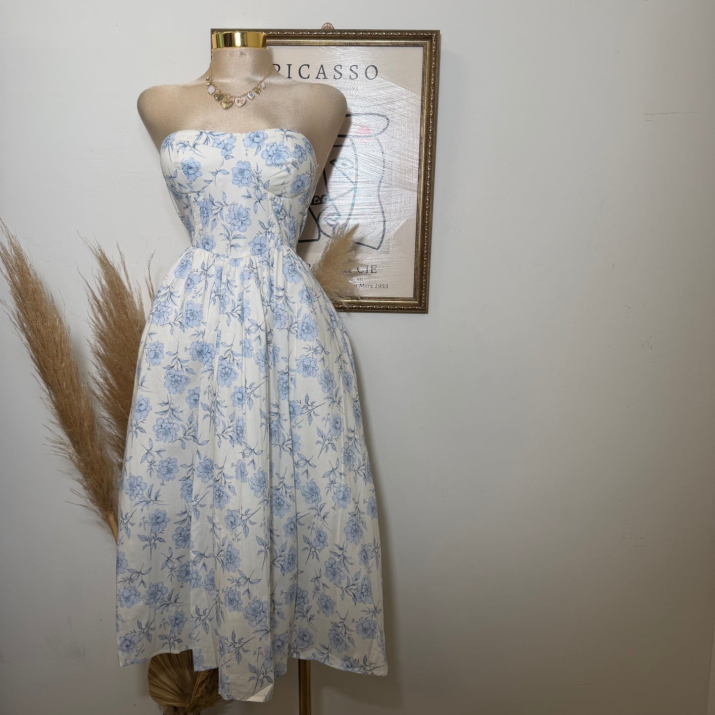 Tube Midi Dress with  Blue Flower-Blue