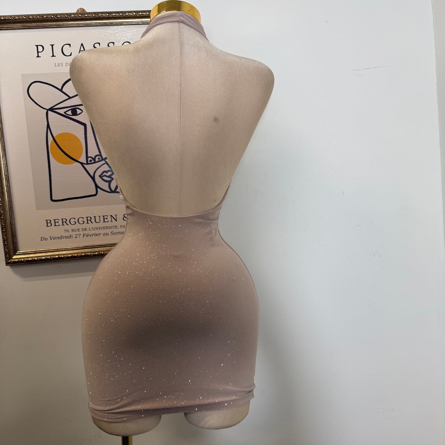 Sleeveless Halter Open Back  Mini Dress-TAUPE