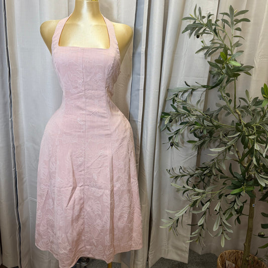 Denim Flower Patterned Halter Neck Midi Dress-Pink