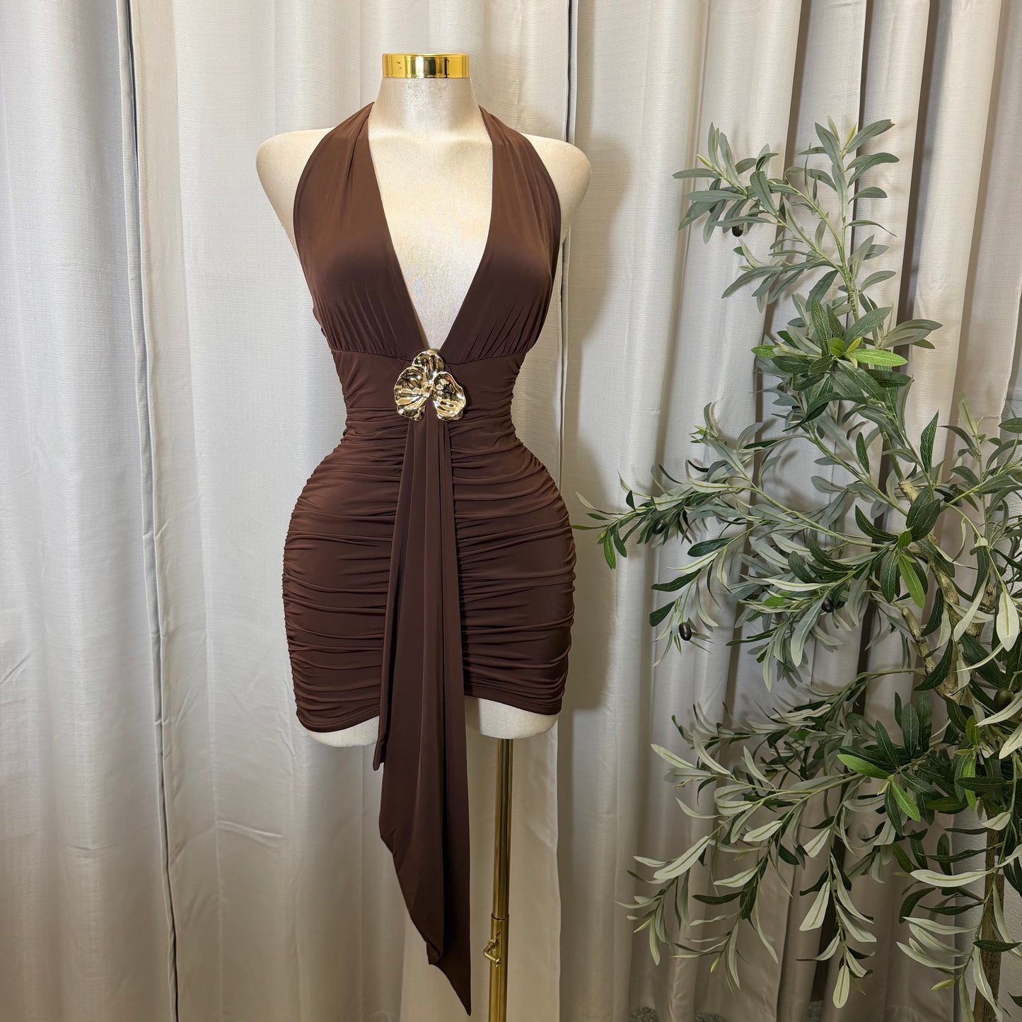 Orchid Halter Ruched front panel Mini Dress-Brown