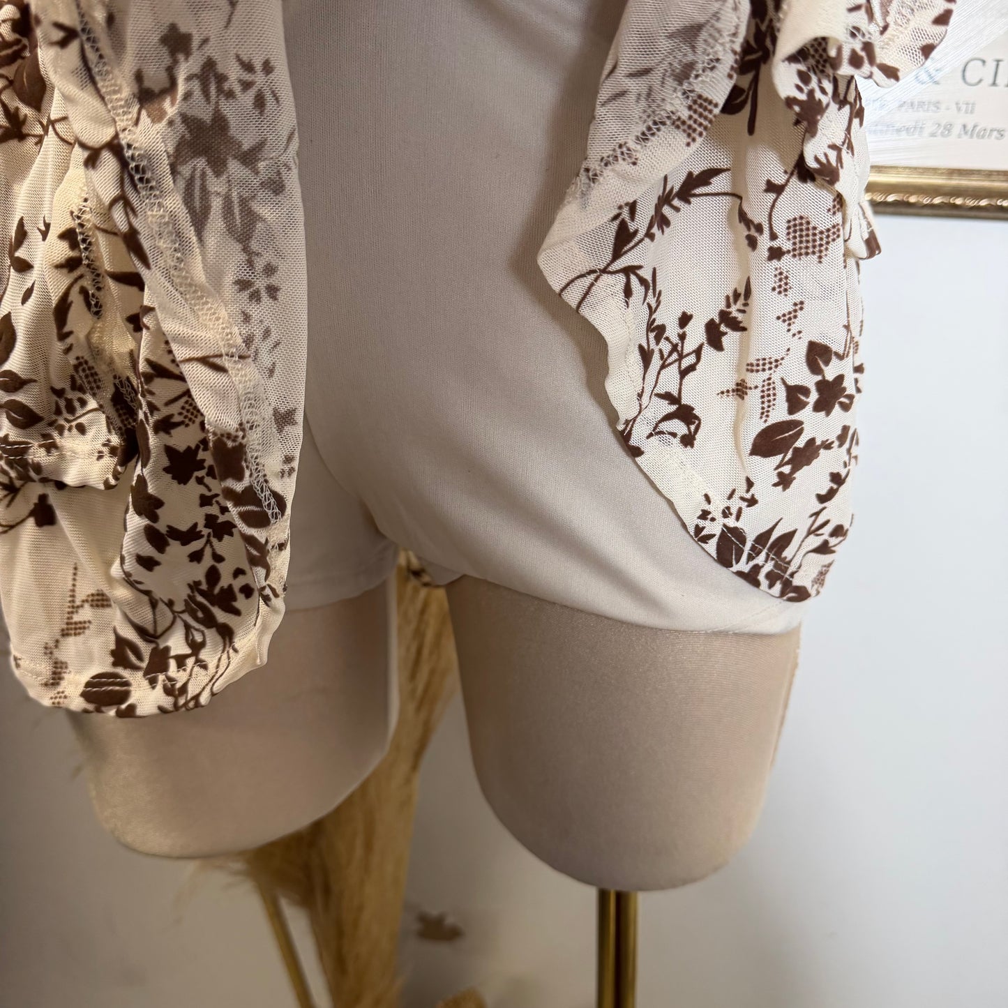 Floral Halter Double Layer Ruffle Mini Dress-Cream