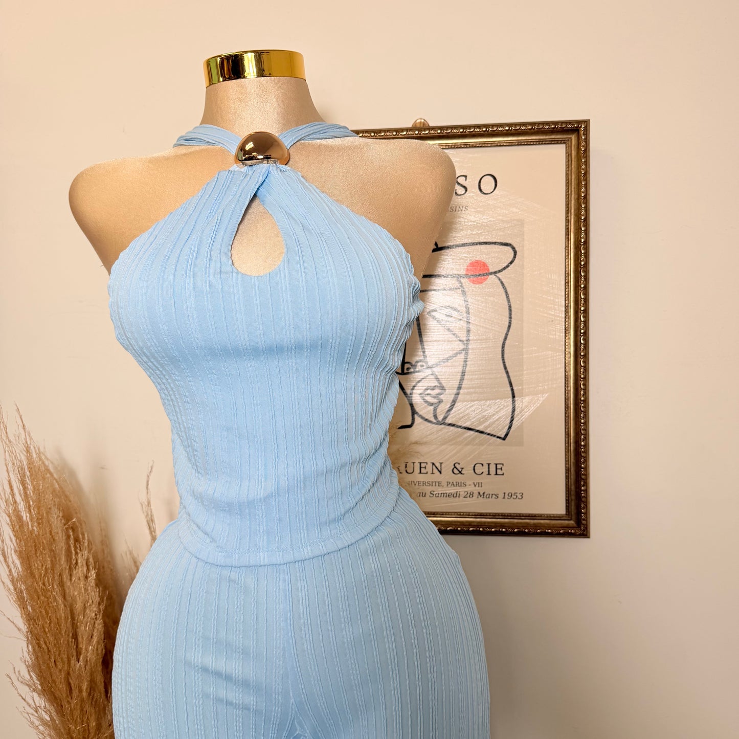 Front Cut Out Jewel Decor Halter Style Top and Pant Set-Baby Blue