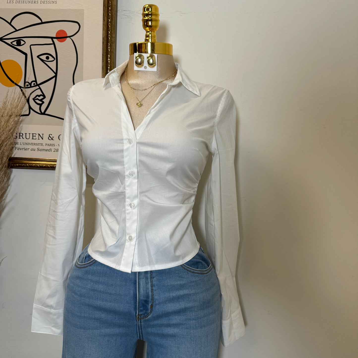 Button Up Long Sleeve Top-White