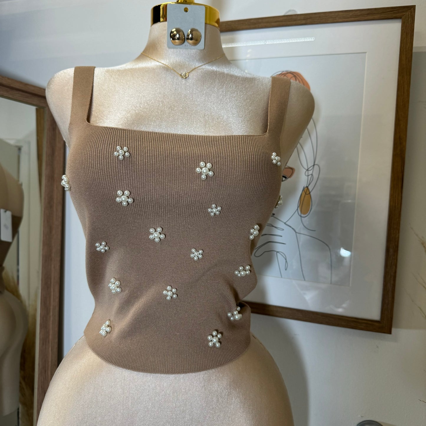 3D Flower Knit Tank Top-Taupe