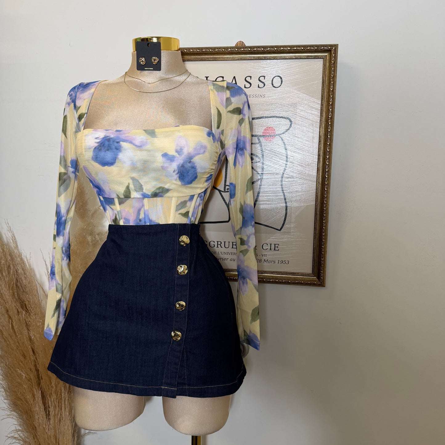 Long Sleeve Mesh Corset Top with Sewn bra Cups-Flower Print Yellow