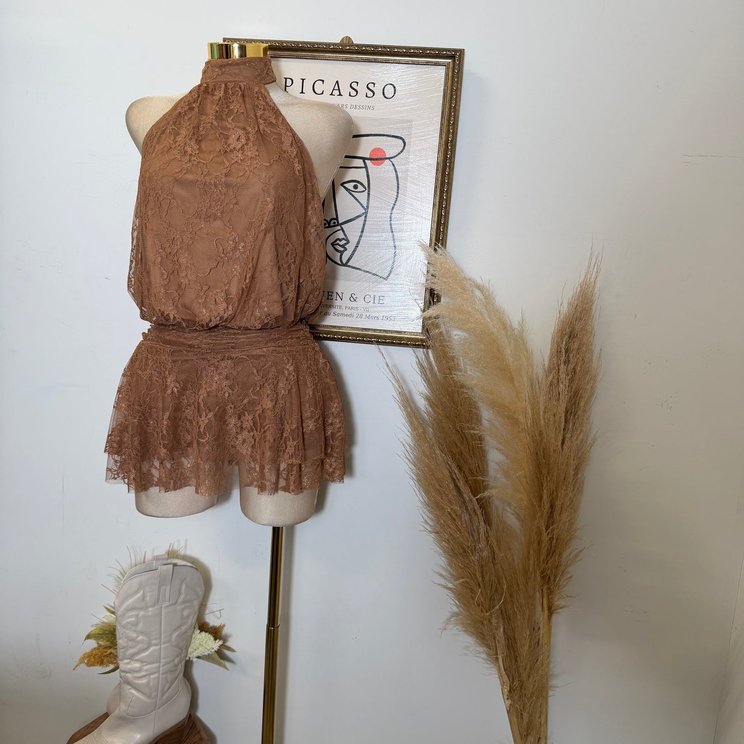 Halter lace Mini Dress-Caramel