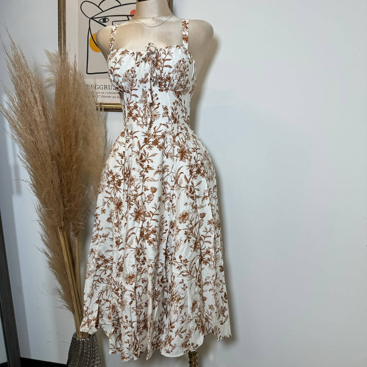 Picnic Corset Midi Dress-Brown/White