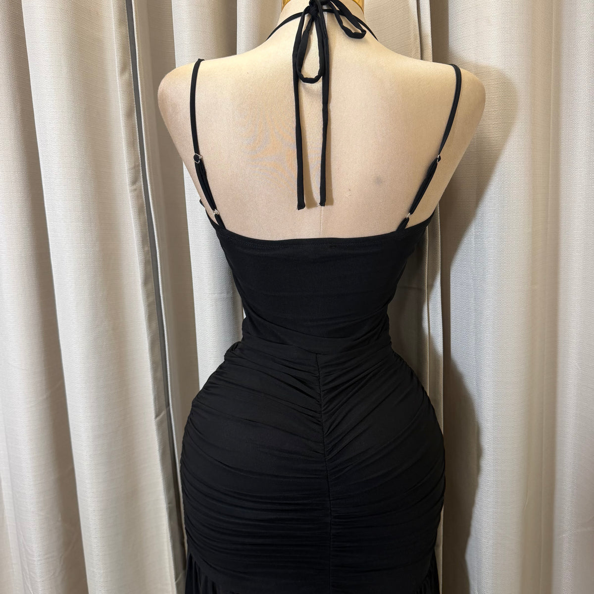 Corset Double Strap Ruched Slit Maxi Dress-Black
