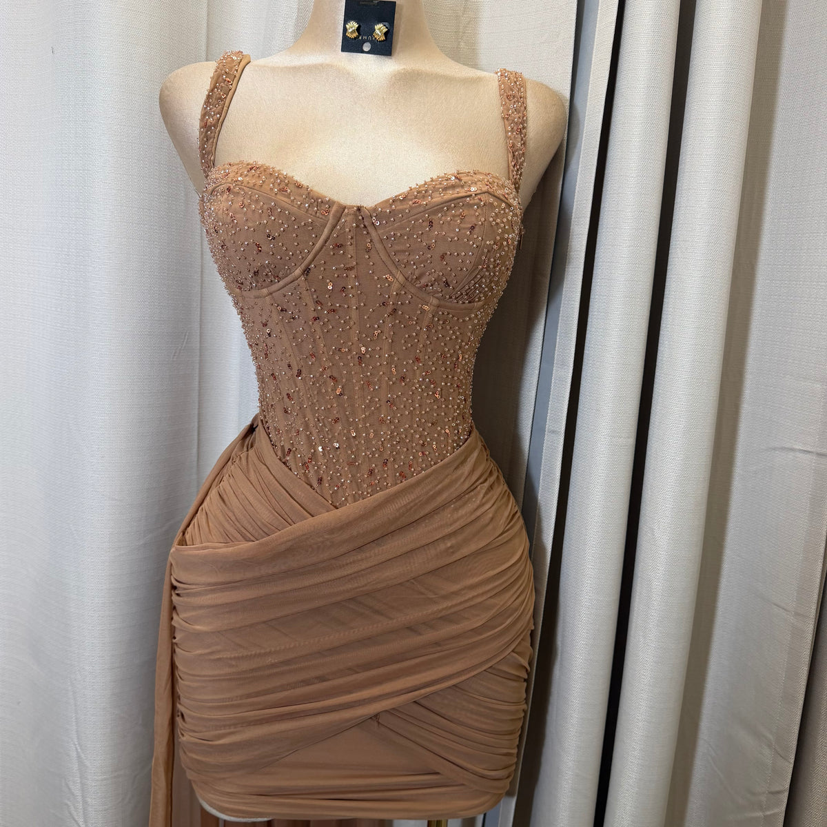 Mesh with beads Sequin Sweetheart neckline Corset dress-Mocha/Beige