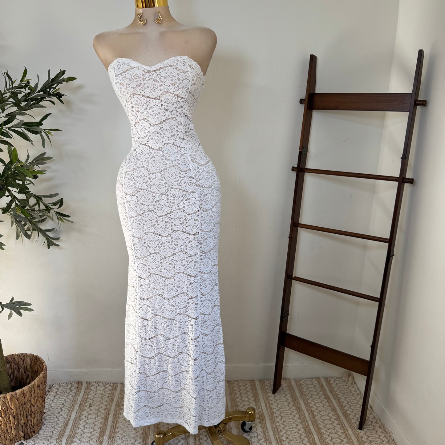 Lace Strapless Maxi Dress-White