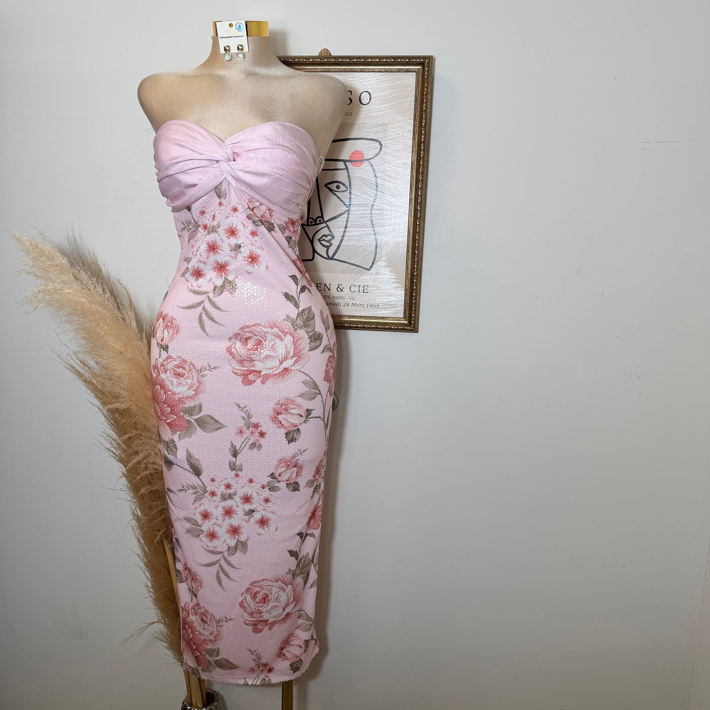 Printed Clear w/ Satin twist bust Midi Dress-Baby Pink