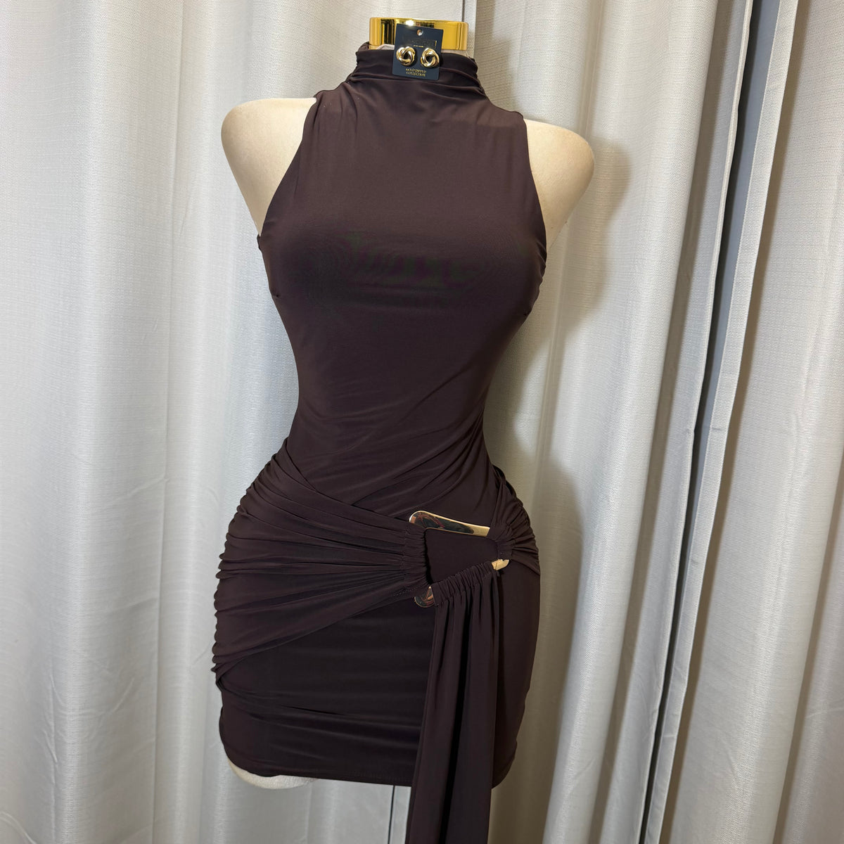 Mock Neck Front Sash With Trim Detail Mini Dress-Brown