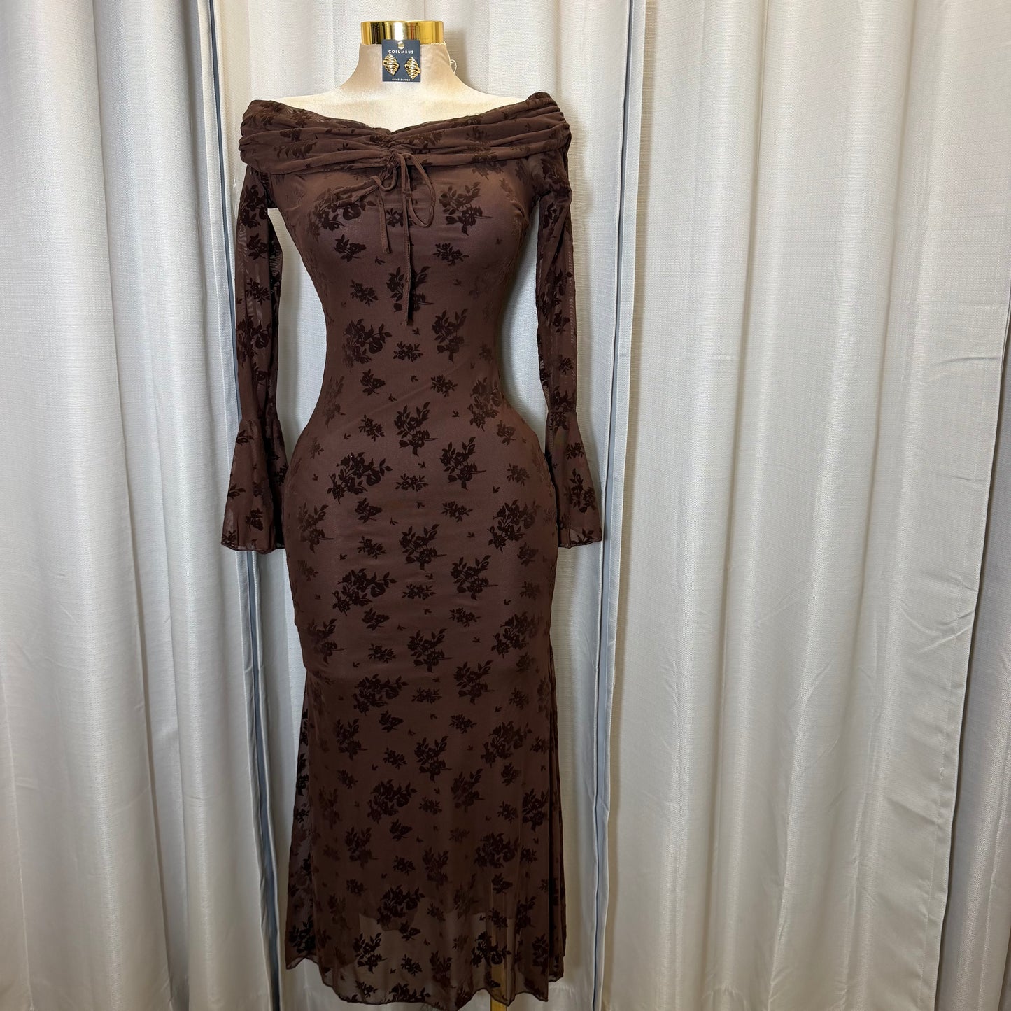 Flocked Long Sleeve Mesh off shoulder maxi Dress-Brown