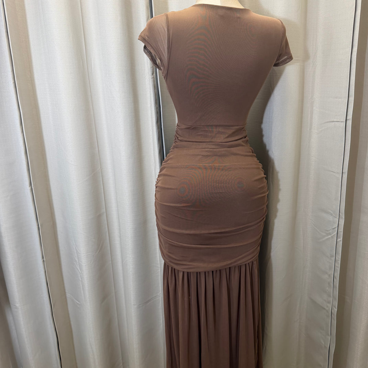 Short Sleeve Solid Mesh  Maxi Dress-Brown
