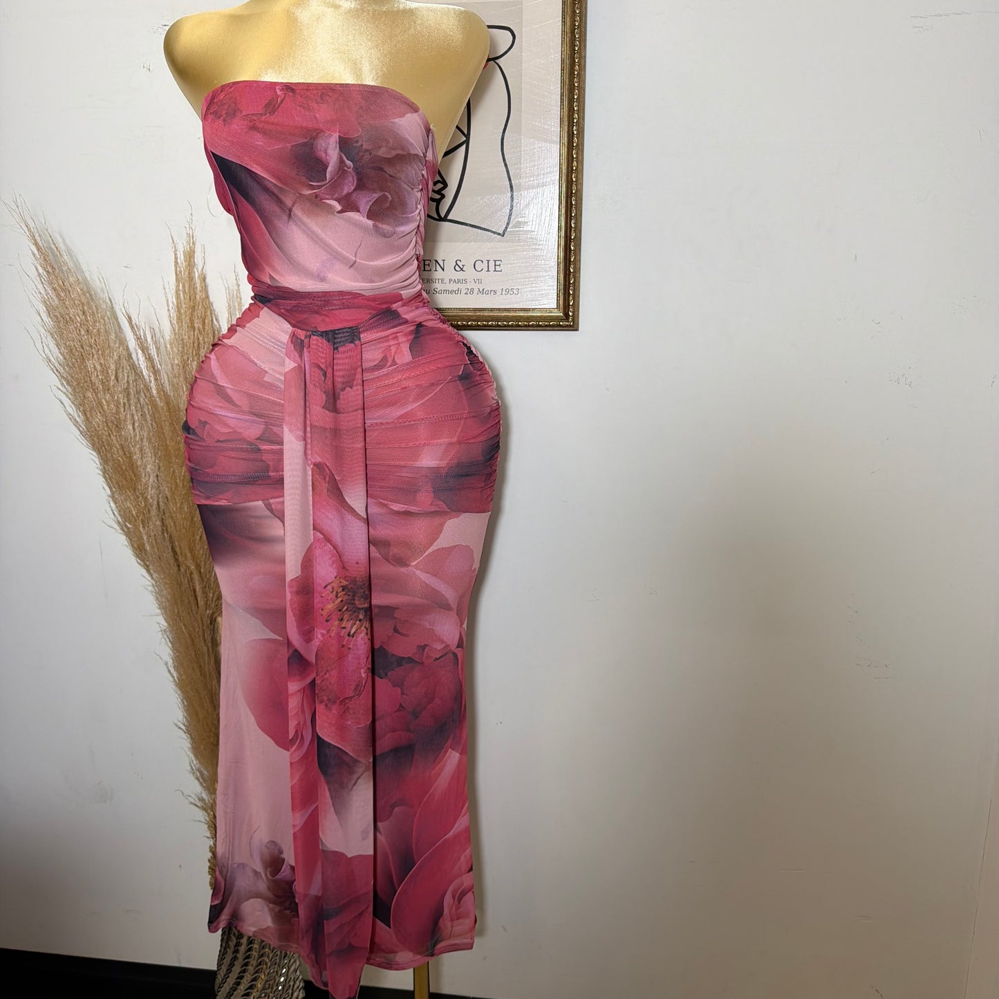 Big Flower Mesh Maxi Tube Dress-Magenta Combo