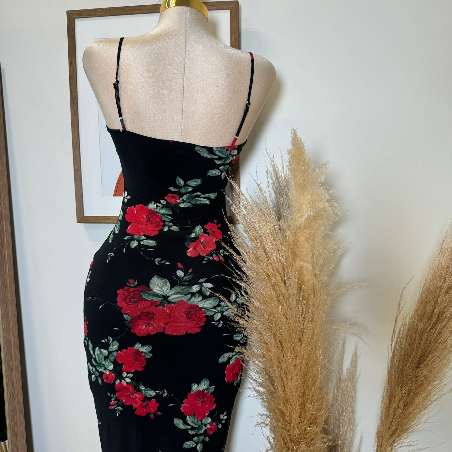 Rose Mesh Spaghetti Dress-Black/Red