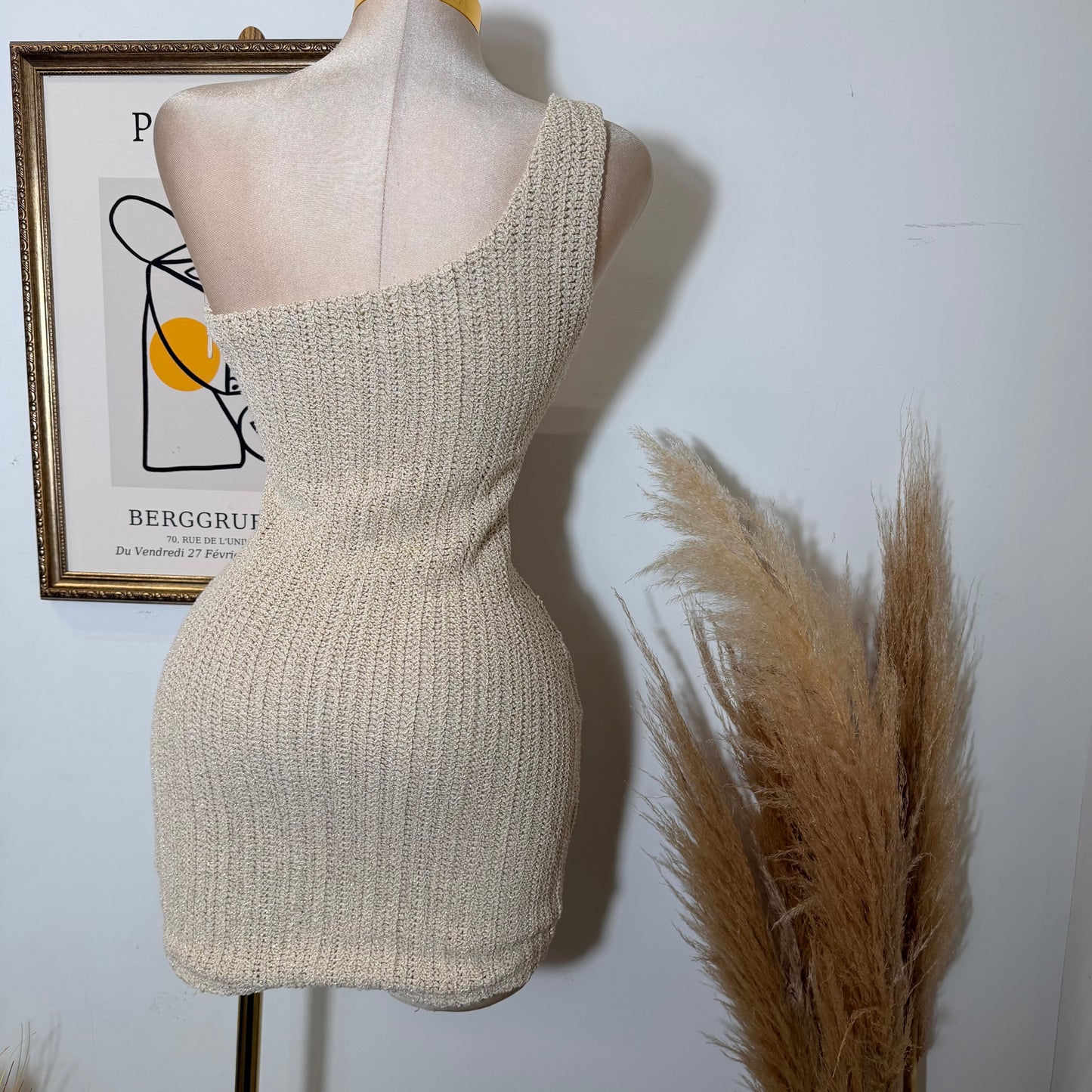 One shoulder Metallic Crochet Knit Mini Dress-Natural