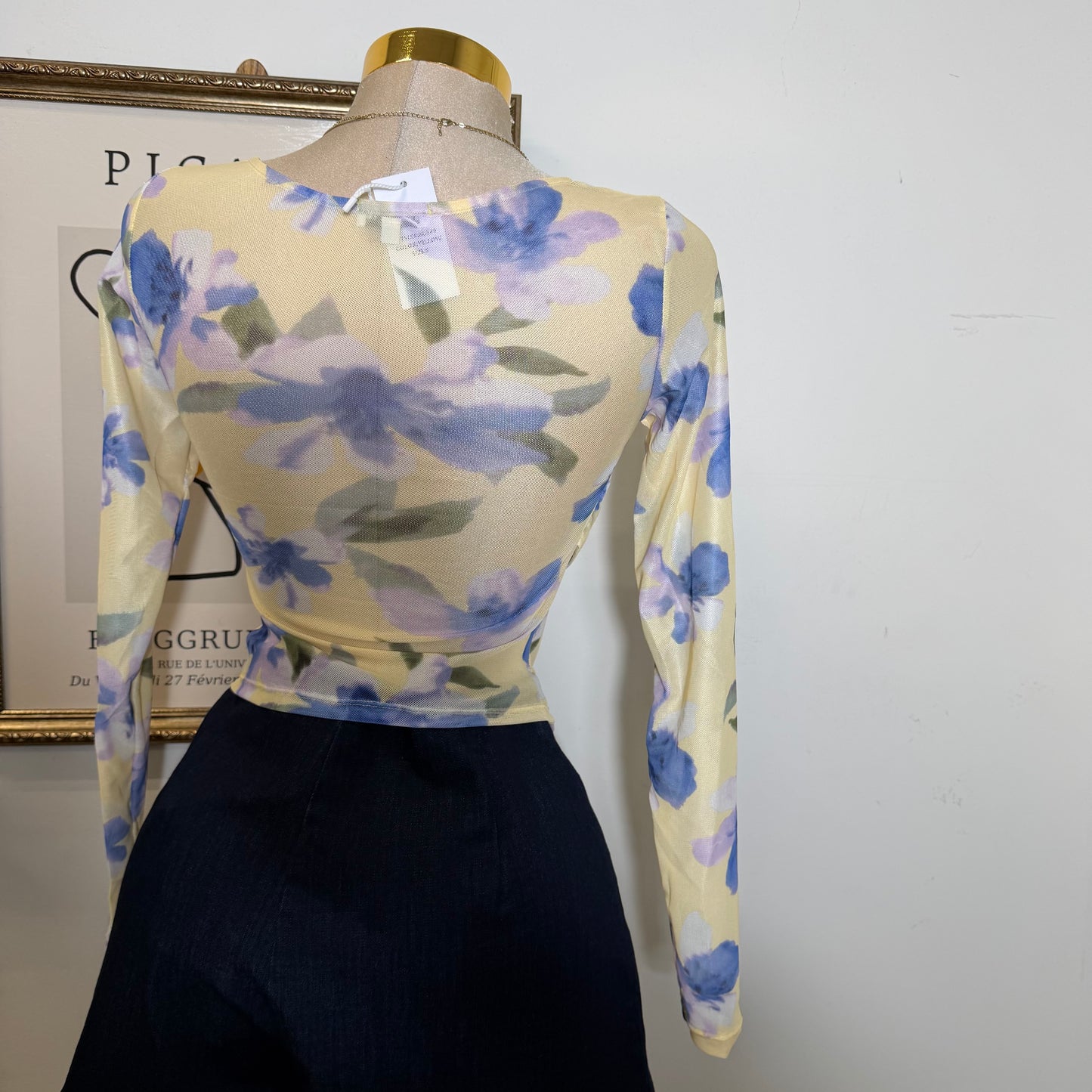Long Sleeve Mesh Corset Top with Sewn bra Cups-Flower Print Yellow