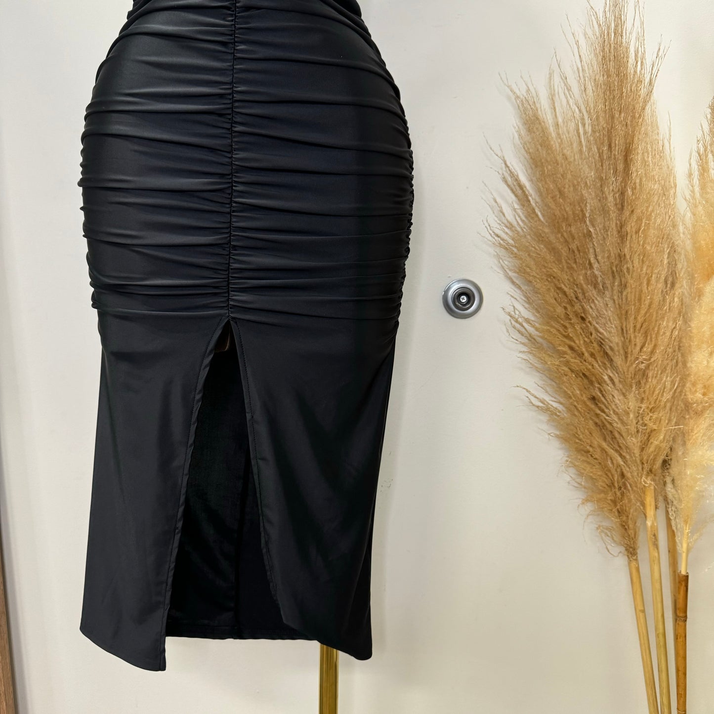 Lúxel Satin Off Shoulder MIDI Dress-Black